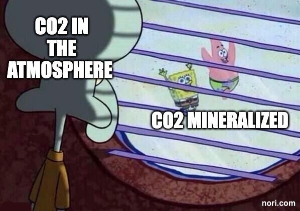 Squidward looking out his window, labelled "CO2 in the atmosphere", at SpongeBob and Patrick playing outside, labelled "CO2 mineralized".