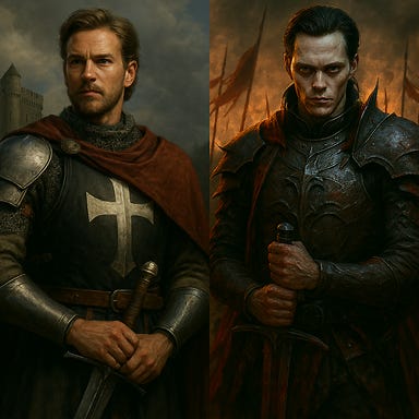 A dark fantasy image juxtaposing Fleetwood as a Knight of Karameikos with Strahd von Zarovich in his days as a conquering warrior, visually reminiscent of actor Bill Skarsgård. On the left side of the image, Fleetwood stands in gleaming silver armor with a blue cloak, his hand resting on the hilt of a longsword. His face is noble, weathered, and resolute, with short dark hair and a furrowed brow. Behind him, the sun breaks through clouds over a fortified castle, casting golden light. On the right side, Strahd stands atop a bloodied battlefield, clad in dark crimson and black armor with ornate detailing. His face is pale, angular, and intense, with piercing eyes and a cruel smirk. His sword drips with blood, and behind him, storm clouds gather over a burning village. The composition splits the image diagonally, with light and shadow clashing at the center. The atmosphere is tense and mythic, evoking the clash of destiny and ambition.