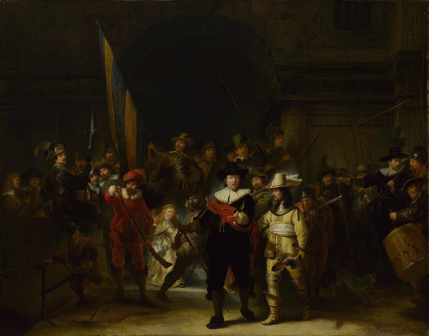 Gerrit Lundens seventeenth century copy of the Night Watch showing the two figures later removed from the left edge Gerrit Lundens seventeenth century copy of the Night Watch showing the two figures later removed from the left edge