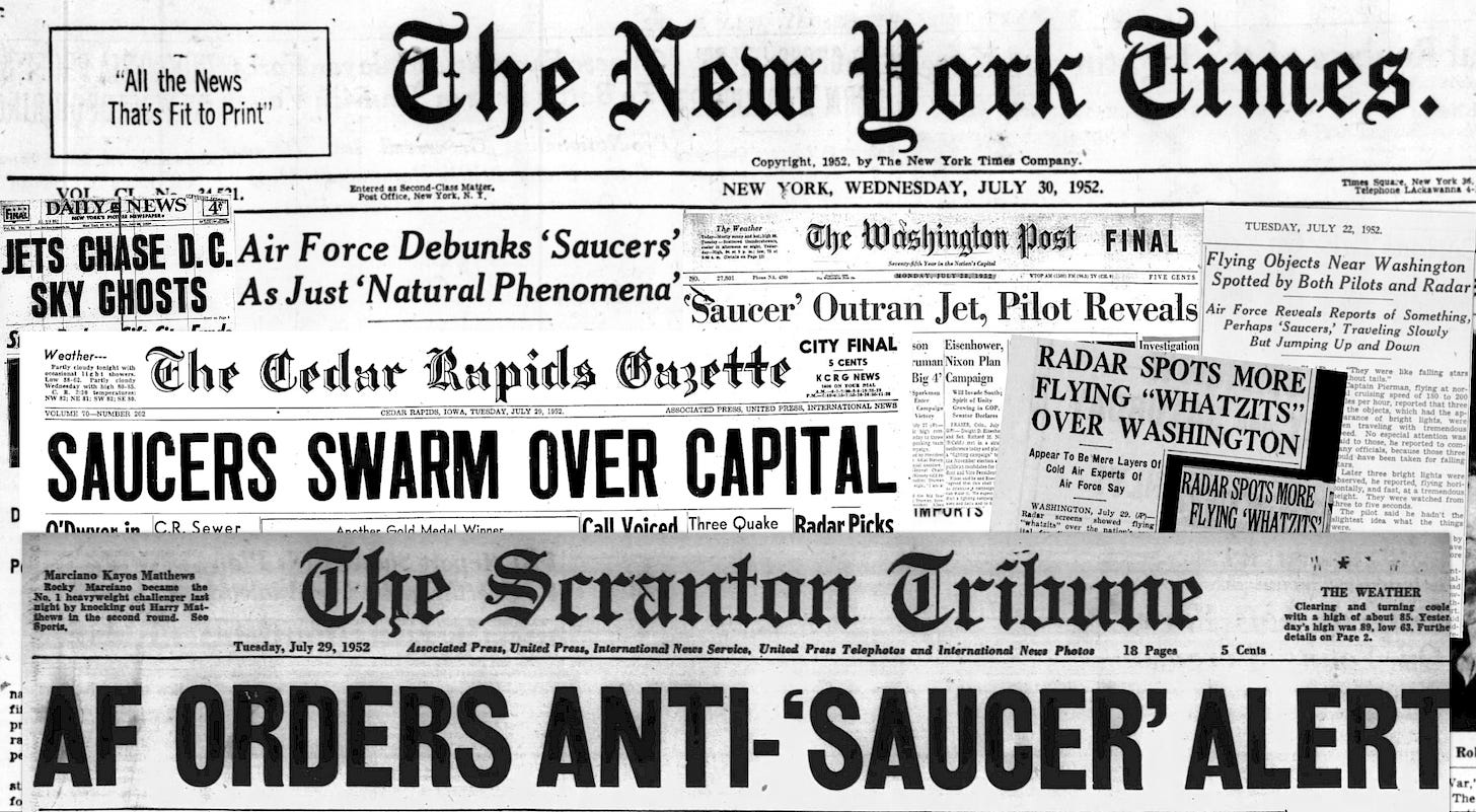 A collage of newspaper headlines detailing the UAP wave over restricted Washington D.C. airspace in the latter half of July 1952. A collage of newspaper headlines detailing the UAP wave over restricted Washington D.C. airspace in the latter half of July 1952.