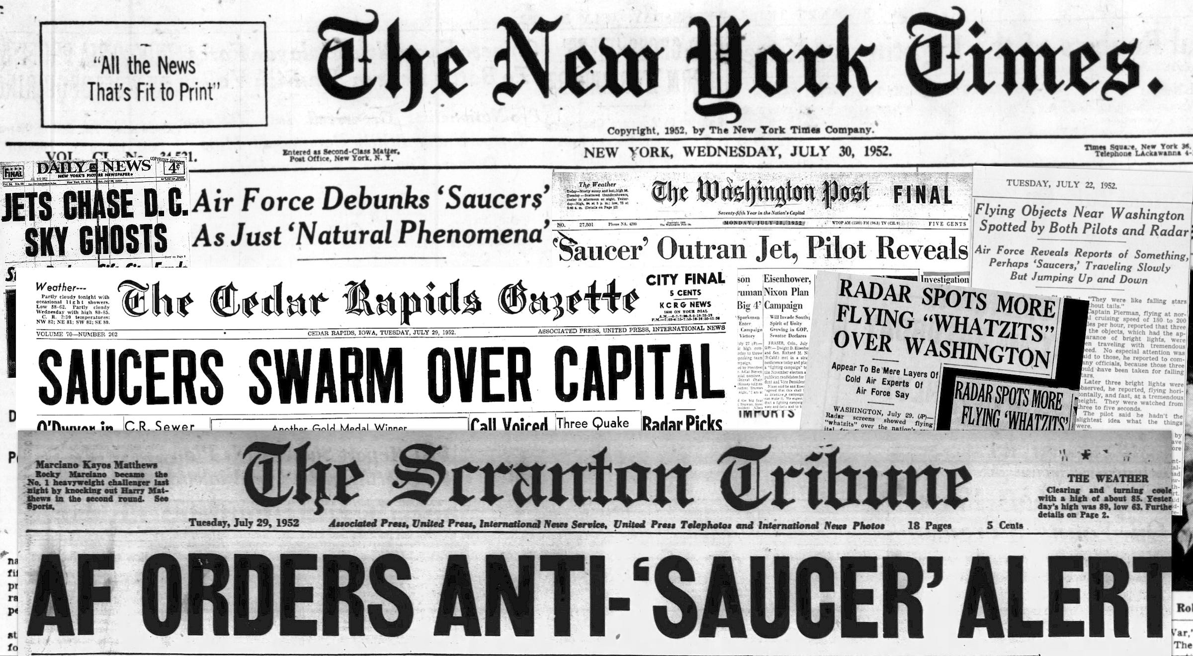 A collage of newspaper headlines detailing the UAP wave over restricted Washington D.C. airspace in the latter half of July 1952. A collage of newspaper headlines detailing the UAP wave over restricted Washington D.C. airspace in the latter half of July 1952.