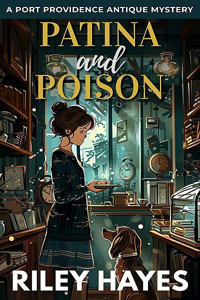 Cover for Patina and Poison with a young woma in silhouette in a cluttered antique shop and a dog looking up at her, all cartoony Cover for Patina and Poison with a young woma in silhouette in a cluttered antique shop and a dog looking up at her, all cartoony