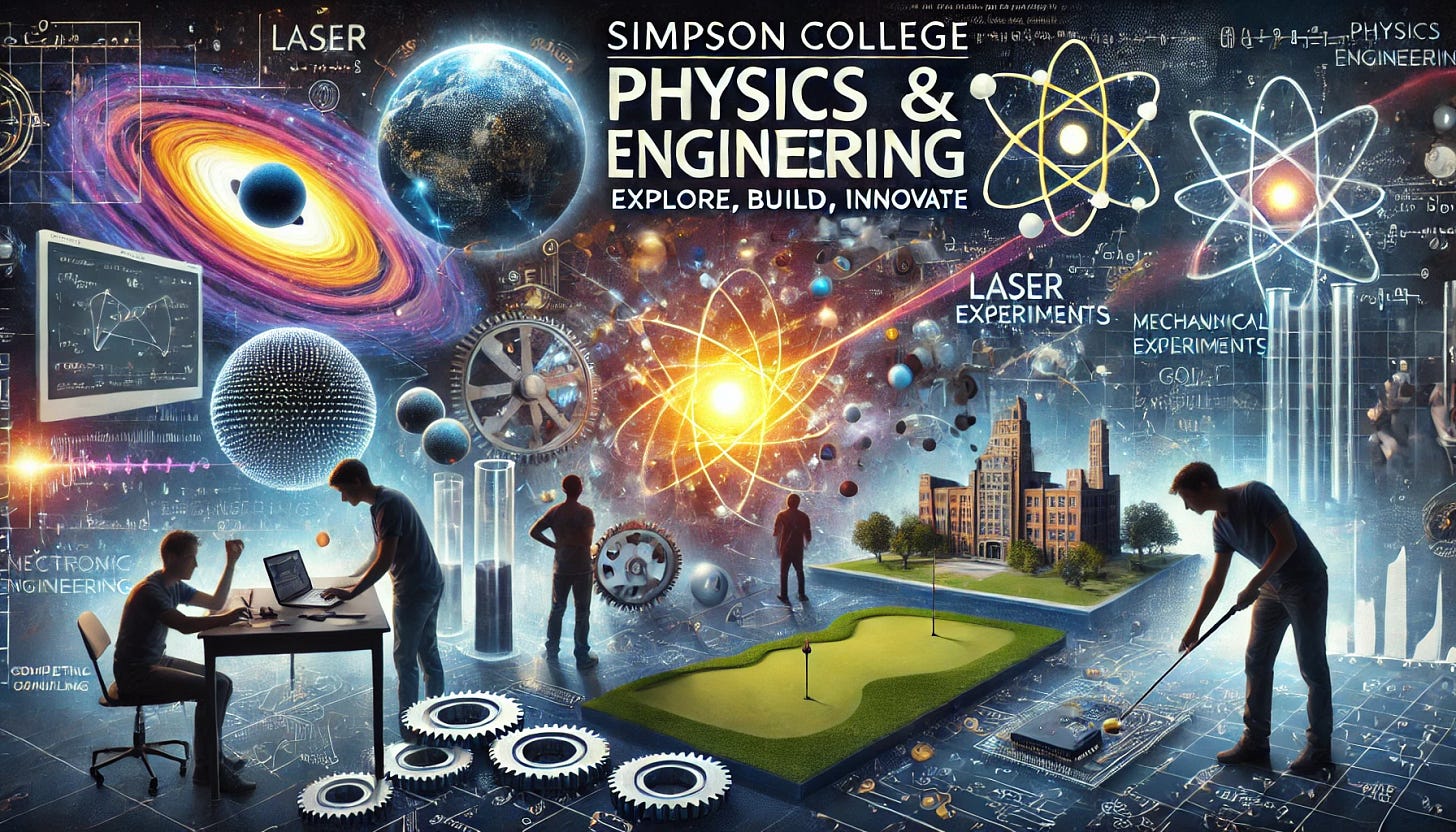 A dynamic and visually striking physics banner featuring:
- A futuristic background with elements of space-time, black holes, and quantum mechanics.
- Overlaying images of laser experiments, nanotechnology, and computational models.
- A mechanical and electronic engineering section showcasing gears, circuits, and a student working on a project (such as a mini-golf course design).
- A competitive computing theme with mathematical equations and digital modeling visuals.
- A bold, engaging headline: 'Simpson College Physics & Engineering – Explore, Build, Innovate!'

The overall style should be modern, professional, and inspiring, appealing to students interested in physics and engineering.