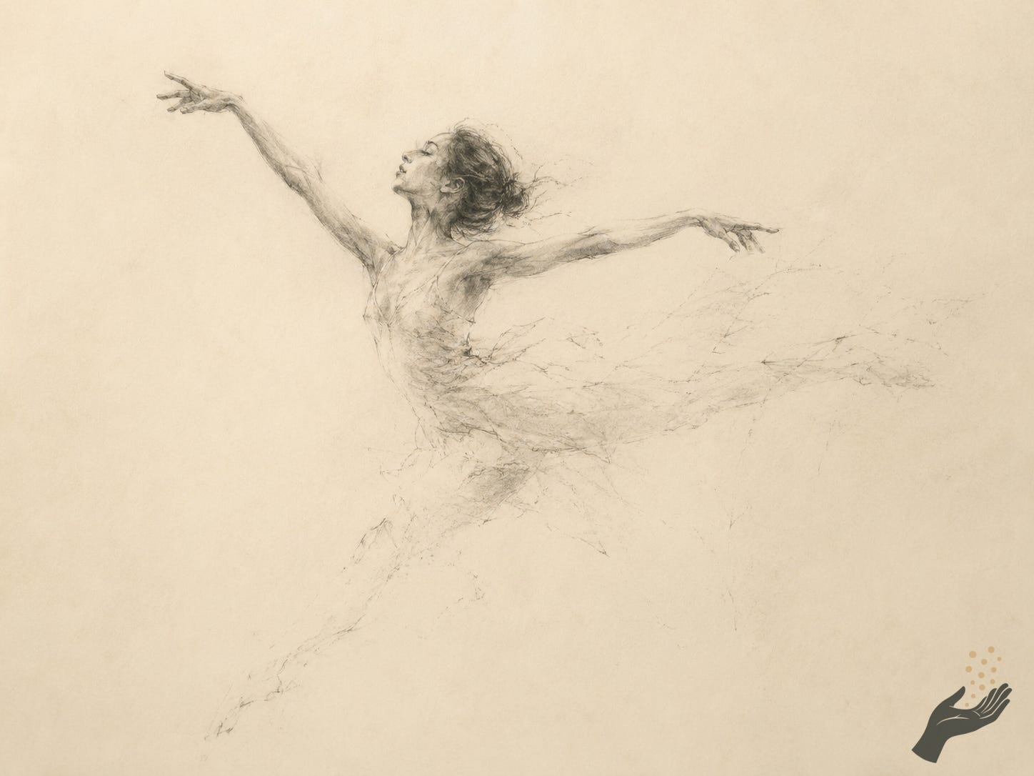 Graphite sketch on warm cream paper of a dancer mid-leap or extended motion, with the upper body more defined and the lower body dissolving into faint, unfinished lines.
