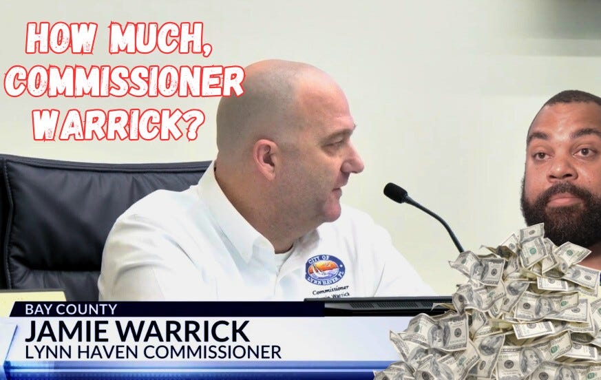 May be an image of 2 people and text that says 'HO MC, COMMISSIONER W WARRICK? CIOZ EEMIME Commissioner ne Commiti rick BAY COUNTY JAMIE WARRICK LYNN HAVEN COMMISSIONER'