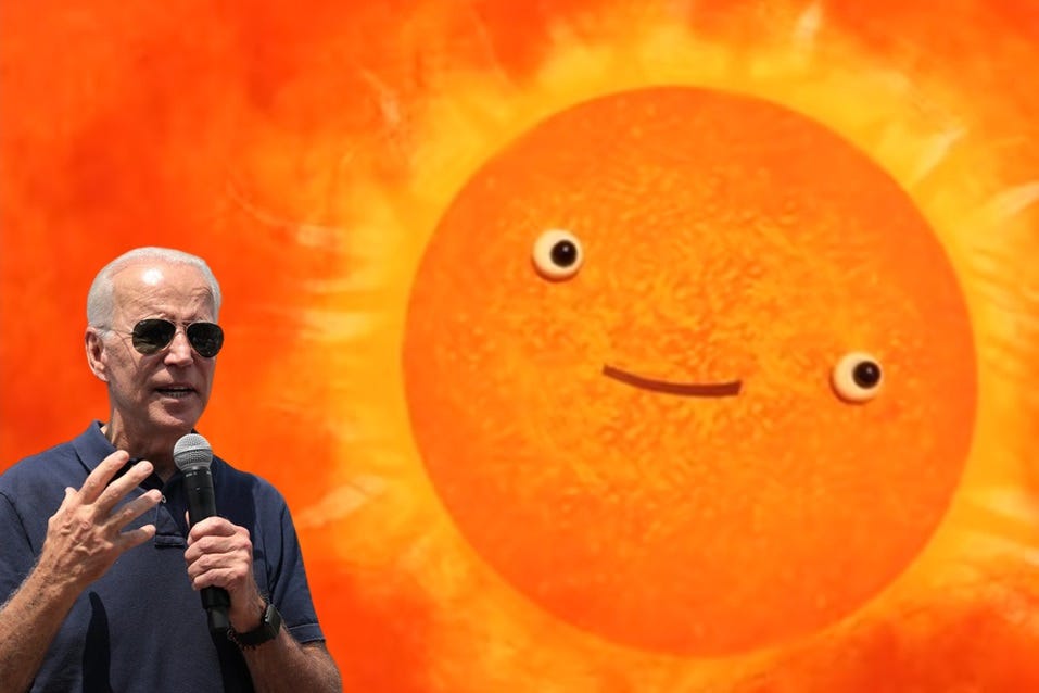 photoshopped image of Joe Biden, wearing Ray Ban sunglasses, speaking into a microphone. superimposed on a background image of a huge smiling orange sun. Or since the sun is so big in reality, maybe it's a tiny little smiling sun. photoshopped image of Joe Biden, wearing Ray Ban sunglasses, speaking into a microphone. superimposed on a background image of a huge smiling orange sun. Or since the sun is so big in reality, maybe it's a tiny little smiling sun.