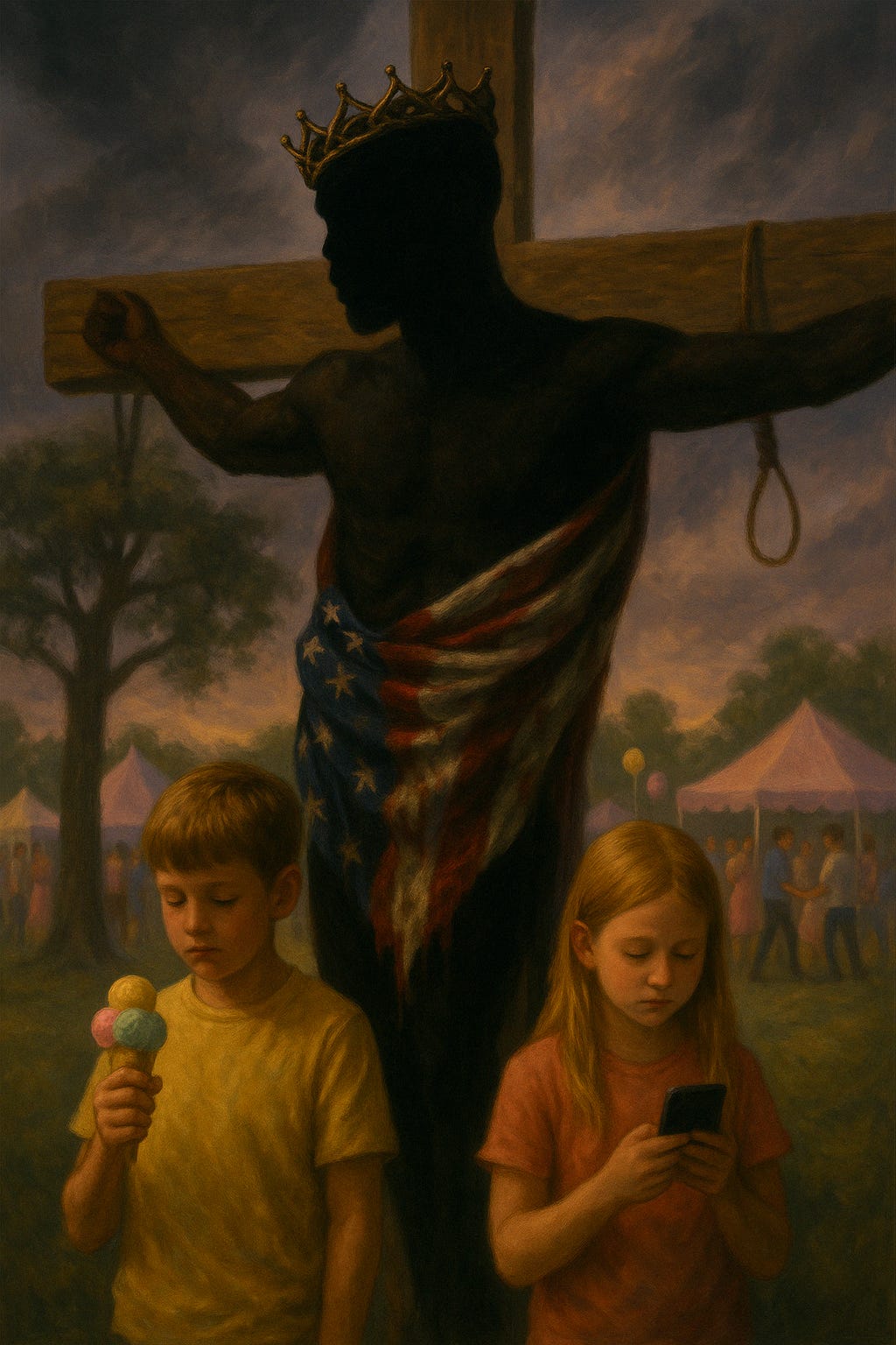 A powerful oil painting depicting a Black man crucified on a wooden cross, draped in a torn American flag, wearing a crown of thorns. Two white children stand in the foreground — one eating ice cream, the other looking at a smartphone — seemingly indifferent to the crucifixion behind them. The background shows a fairground with tents and people dancing, symbolizing society’s apathy toward racial and systemic violence.