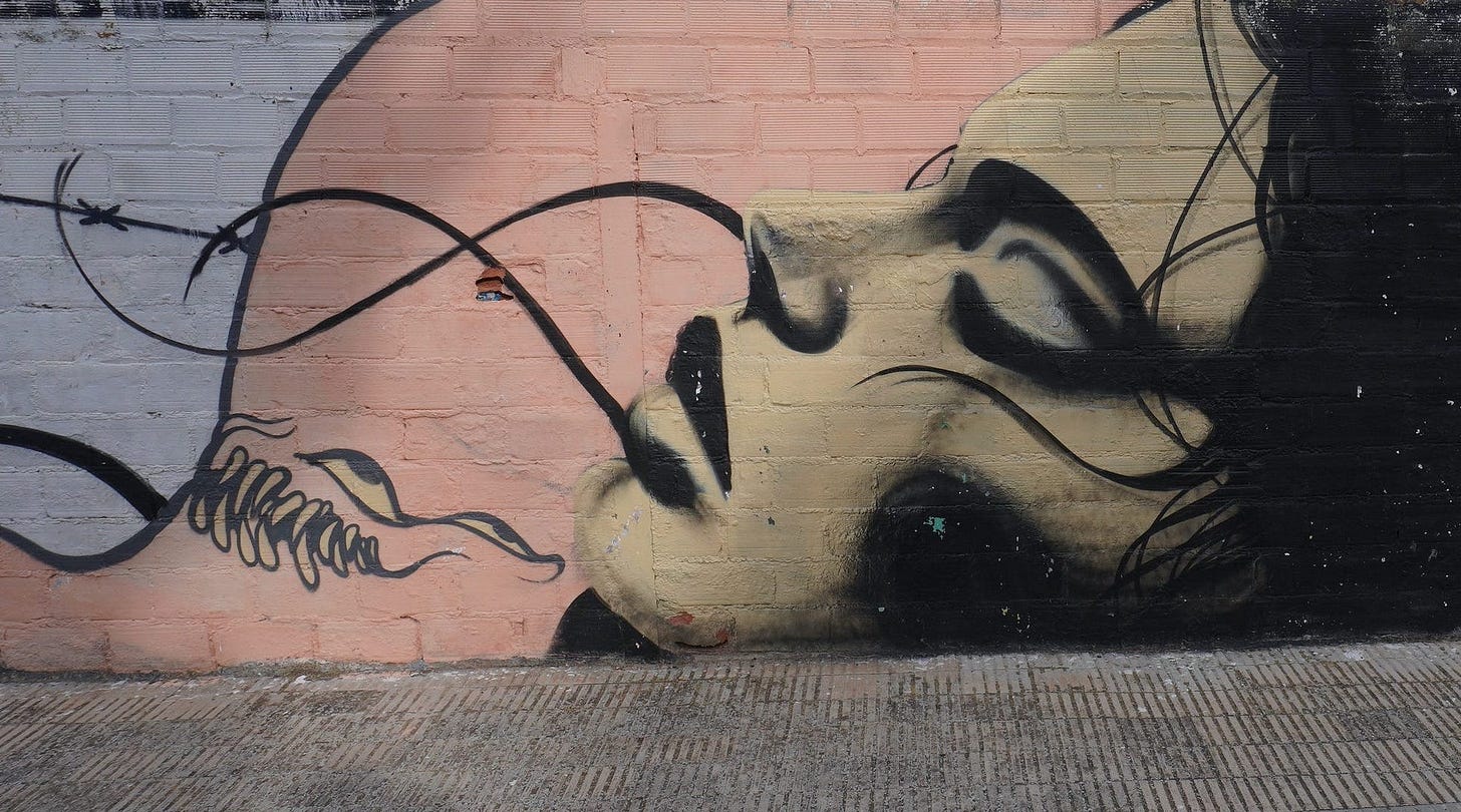Graffiti art depicting a woman with eyes closed lying next to a monstrous creature baring sharp teeth and menacing eyes