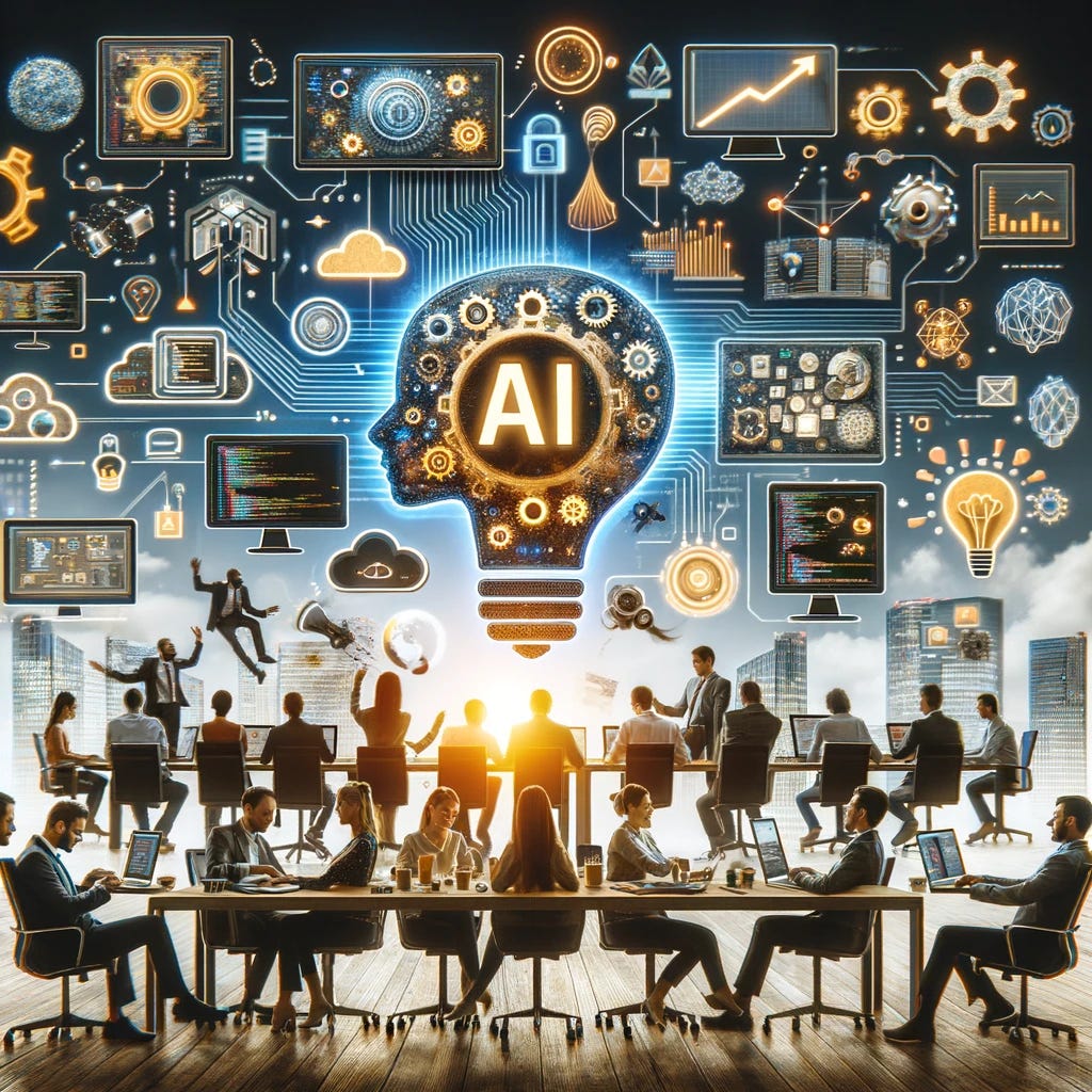 Create an image that represents the dynamic and innovative environment of a tech startup, highlighting the integration of AI into team management and product development. Show a diverse team working together on various projects, with elements symbolizing AI, creativity, and rapid product development, such as computers displaying code, brainstorming sessions, and dynamic communication flows. The setting should be modern and vibrant, reflecting a culture of agility and innovation.