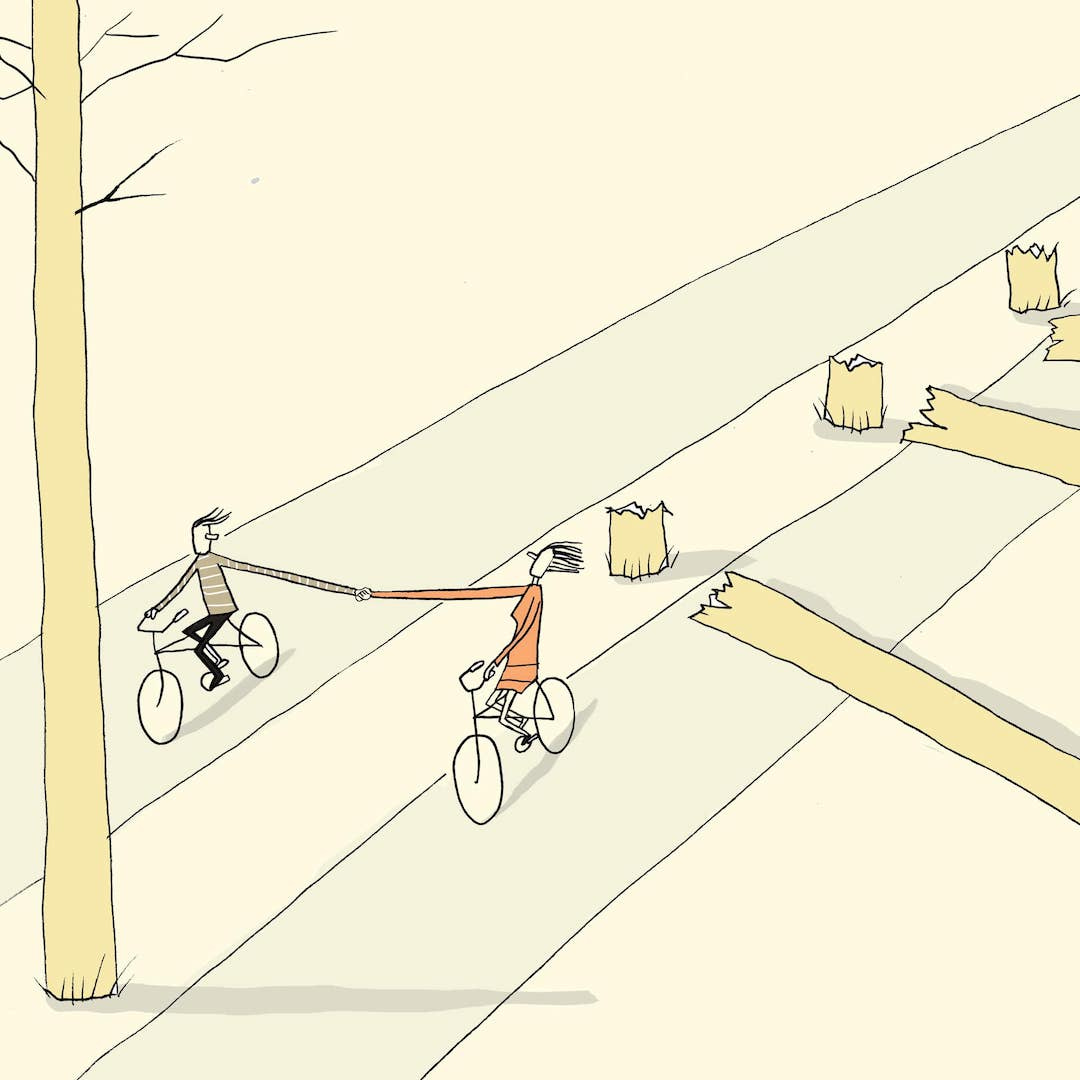 Dessin avec deux cyclistes qui se tiennent la main et qui scient tous les arbres qu'ils croisent avec leur bras
