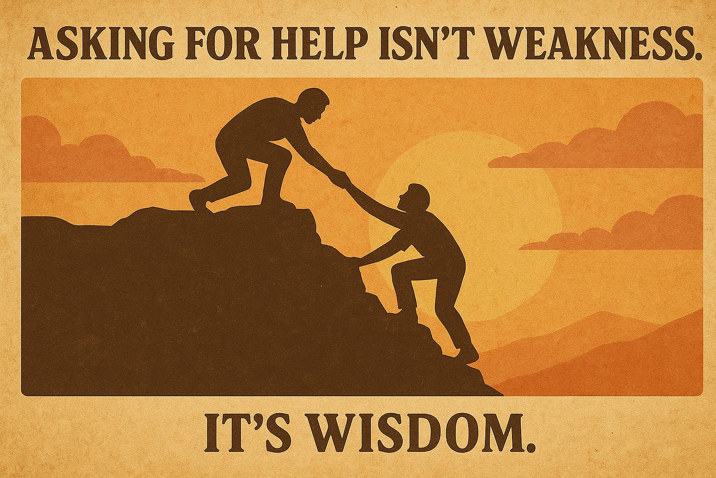 Vintage poster on textured paper with warm earth tones. Top reads “ASKING FOR HELP ISN’T WEAKNESS.” Below, two silhouetted figures on a cliff: one kneels to pull the other up under a rising sun. Bottom text: “IT’S WISDOM.” Vintage poster on textured paper with warm earth tones. Top reads “ASKING FOR HELP ISN’T WEAKNESS.” Below, two silhouetted figures on a cliff: one kneels to pull the other up under a rising sun. Bottom text: “IT’S WISDOM.”