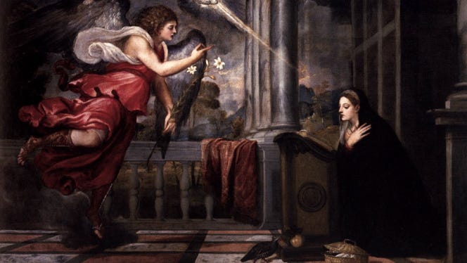 The angel Gabriel approaching Mary amid dramatic light, rich colors, and intense emotion, with divine light descending from above.