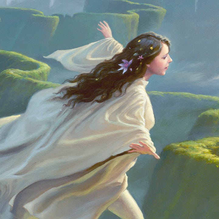 LEFT: Figure detail from RIMRUNNER featuring a young woman dancing atop a high narrow path. Her arms are out for balance, her front knee is bent, while her back leg is lifted trailing with white fabric draping behind her. The background is a maze of winding ridges. RIGHT: Close detail from RIMRUNNER featuring a raven haired young woman with arms spread and white shawl flowing with her motion. Her long hair is decorated with flowers.