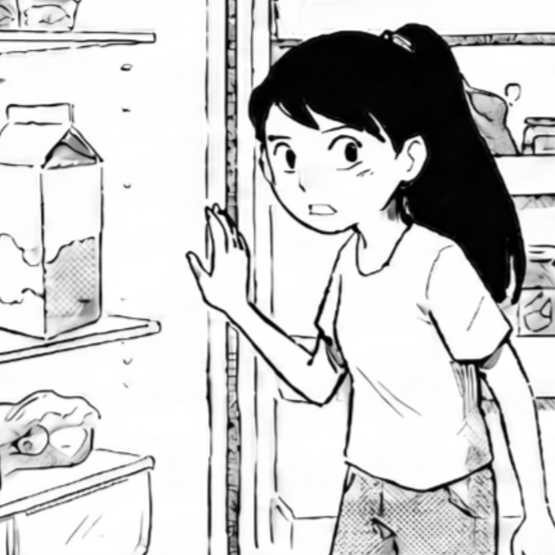 Zara checks the fridge while Omie spots the pickle jar.