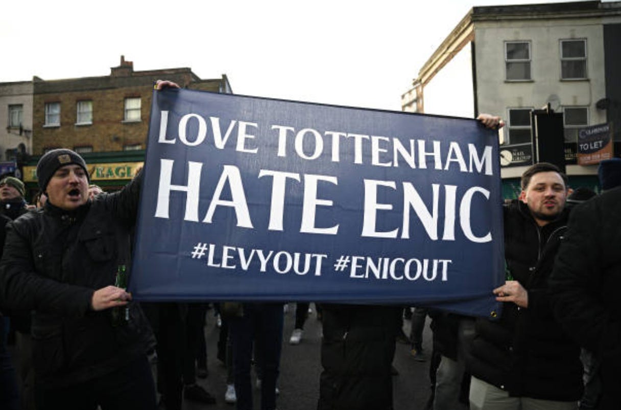 LONDON, ENGLAND - FEBRUARY 16: Fans of Tottenham Hotspur hold protest banners outside the stadium in reference to the ENIC Group, majority shareholders of Tottenham Hotspur, prior to the Premier League match between Tottenham Hotspur FC and Manchester United FC at Tottenham Hotspur Stadium on February 16, 2025 in London, England. (Photo by Justin Setterfield/Getty Images)