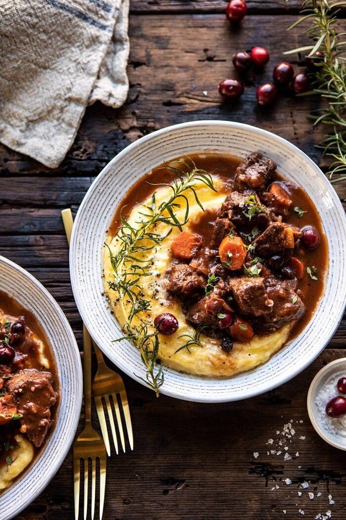 overhead photo of Cranberry Cider Braised Beef Stew with Rosemary Polenta overhead photo of Cranberry Cider Braised Beef Stew with Rosemary Polenta