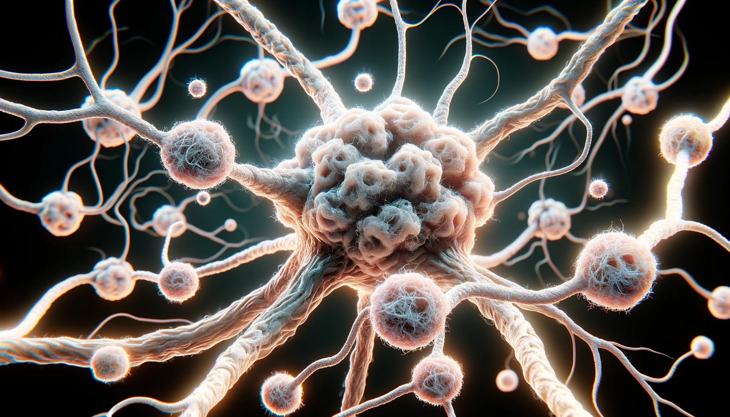 A detailed illustration of amyloid plaque formation in the brain. The image shows neurons with interconnected branches and amyloid plaques forming between them. The plaques appear as clumps of fibrous protein, disrupting the normal structure of the neural network. The background is dark, highlighting the bright, detailed structures of the neurons and plaques. The style is scientific and precise, suitable for educational or medical use.