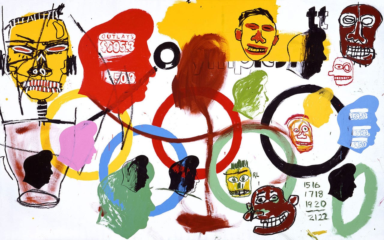 ANDY WARHOL & JEAN-MICHEL BASQUIAT | Olympics, 1984 | acrylic on canvas  Sold for £6,761,250 at the Contemporary Art Evening... – @phillipsauction  on Tumblr