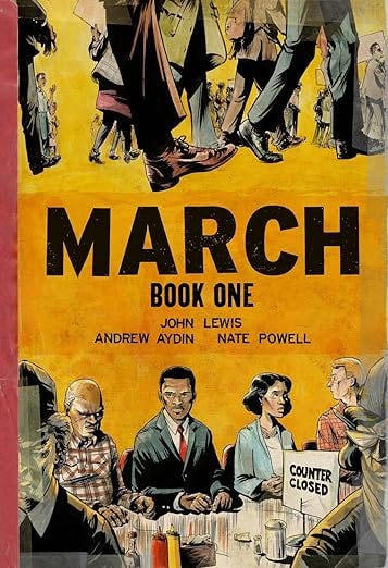 Book covers of the March triology, featuring artwork of John R. Lewis protesting