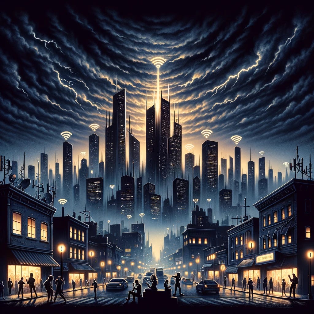 A powerful illustration capturing the essence of a widespread wireless communication outage, set against a backdrop of a generic city skyline under a dark, ominous sky. The city is enveloped in darkness, with buildings silhouetted against the night, devoid of the usual vibrant lights, symbolizing the absence of digital connectivity. In the sky above, ominous clouds swirl, with occasional lightning bolts that represent the chaotic disruption of wireless signals. People on the streets are shown in various states of confusion and frustration, looking at their phones, which display no service icons. The atmosphere is thick with a sense of uncertainty and desperation, as the city grapples with the sudden loss of its digital lifeline. This scene conveys the critical impact of a wireless communication outage on society, highlighting how deeply integrated technology is in our daily lives and the collective vulnerability in the face of such disruptions.