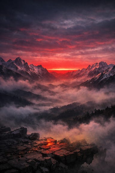 first red streak of dawn over Balinok Mountains crimson horizon mist shrouded peaks snowdusted ridges valley in shadow gothic dawn