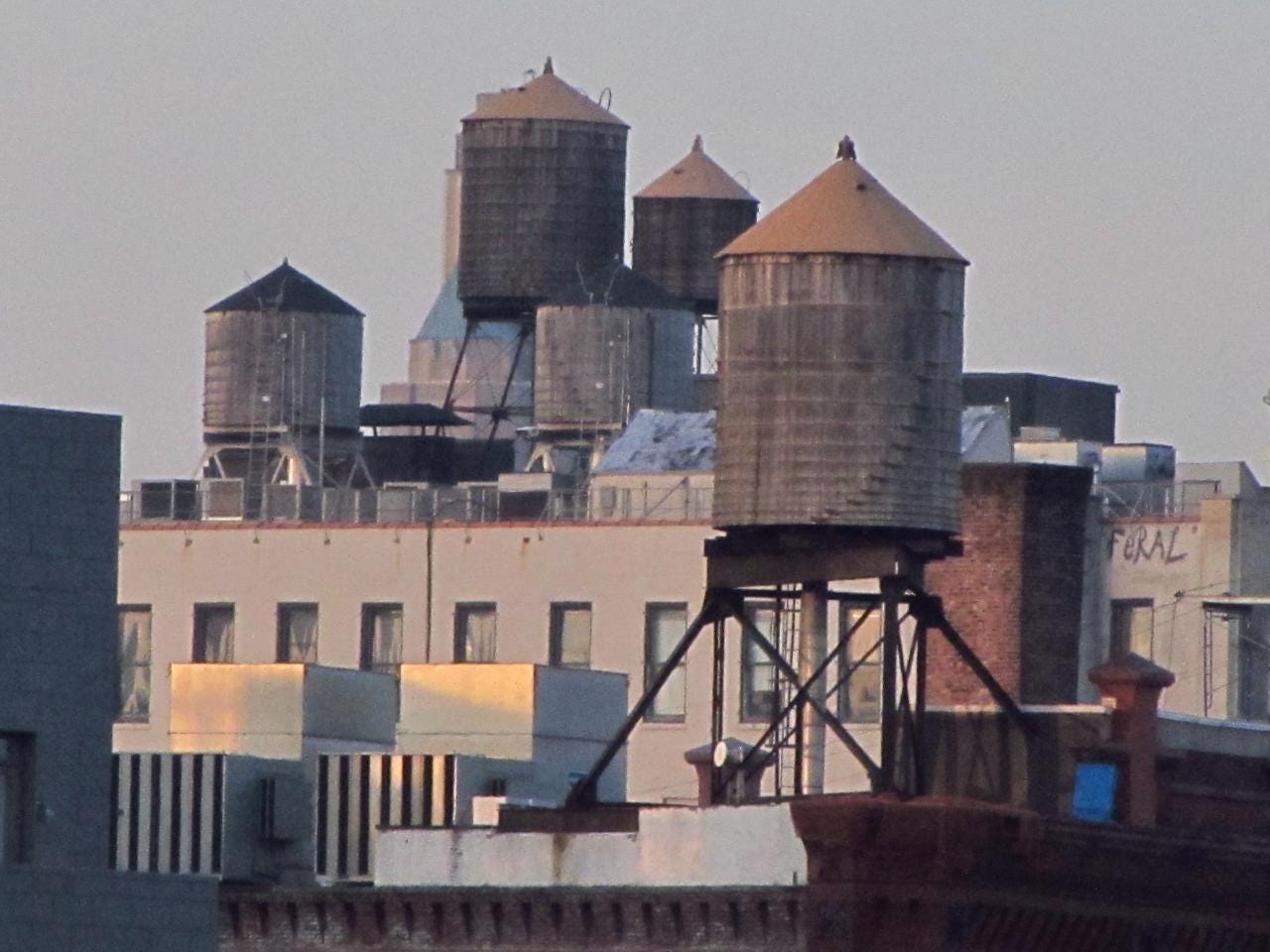 Cylindrical water towers with pointed roofs stand atop buildings in New York City