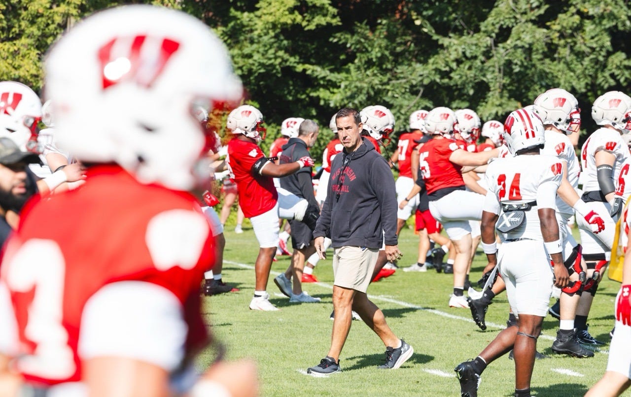 Wisconsin Badgers head coach Luke Fickell on the field during a fall camp scrimmage. Wisconsin Badgers head coach Luke Fickell on the field during a fall camp scrimmage.
