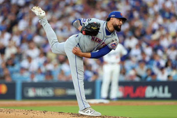 Starting pitcher Sean Manaea of the New York Mets pitches during the 2nd inning of Game Six of the National League Championship Series against the...