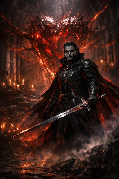 Strahd von Zarovich standing in the Heart Landing with his sword drawn