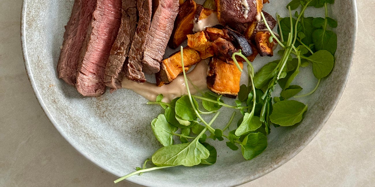 Grilled garlic steak with roasted veggies