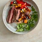 Grilled garlic steak with roasted veggies