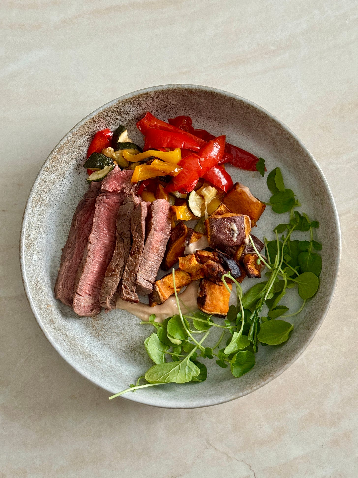 Grilled garlic steak with roasted veggies