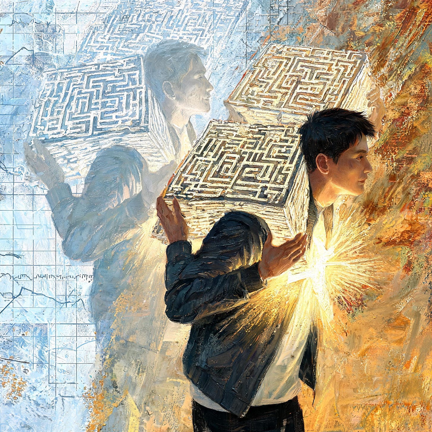 Abstract graphic oil painting showing a man releasing a heavy, glowing map. The shadowy figure of a father stands behind him, representing a three-generation contract, with warm light emerging from the modern man's chest.