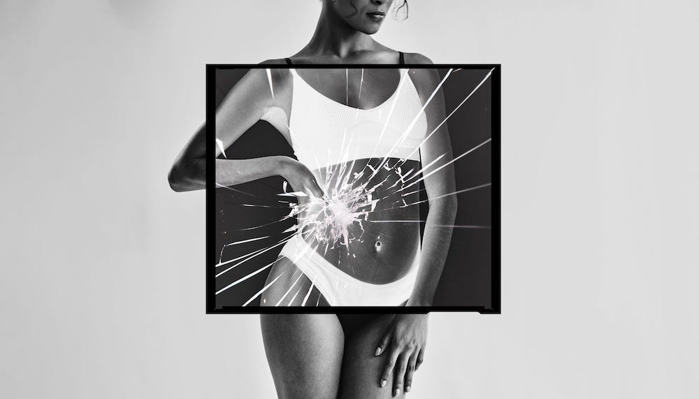 woman with broken glass overlayed on her abdomen to indicate broken ribs