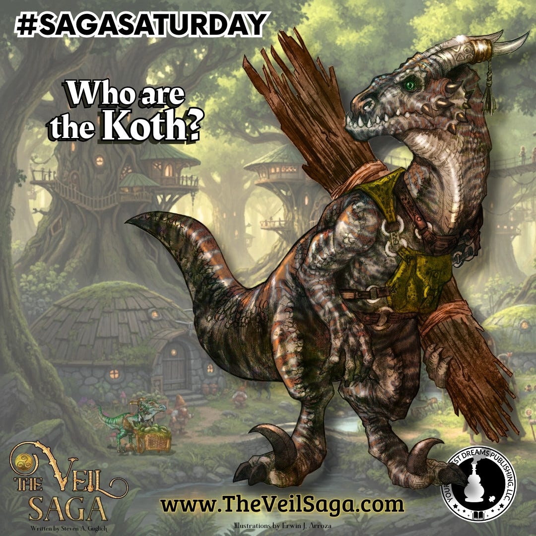 May be an image of text that says "#SAGASATURDAY Who are the Koth? EUA TE DEVEILO SAGA STOREAW 15 www. www.TheVeilSaga.com Thev MlustratiansbyErwin]. 5 5"