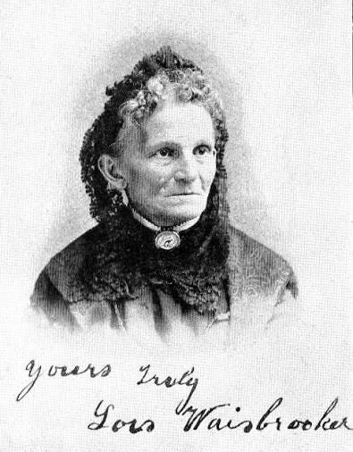 Portrait photograph of Lois Waisbrooker with her handwritten signature, circa 1900.
