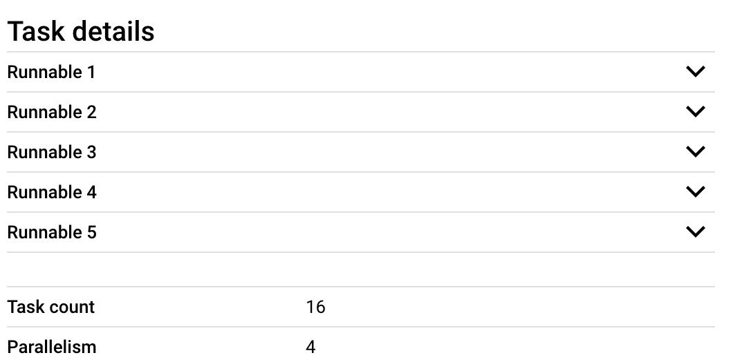 Screenshot from GCP batch showing task details, with 5 runnables, 16 tasks, and parallelism of 4.