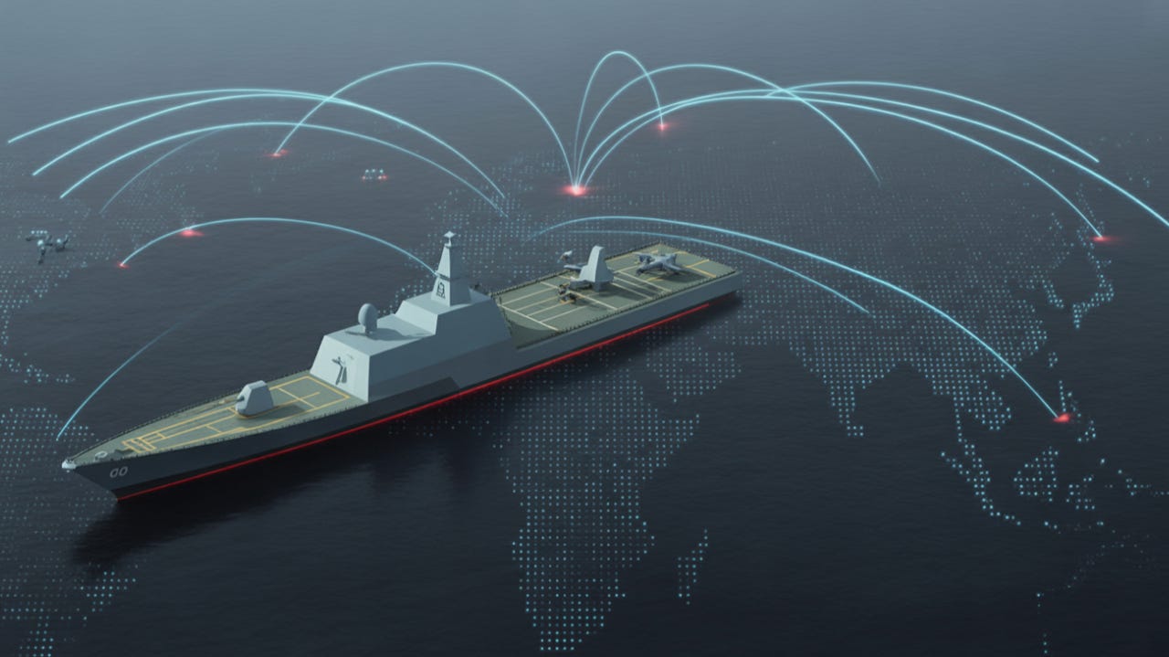 Stylized illustration of a Chinese warship with drones and digital arcs projecting across a world map, symbolizing overseas military reach from Djibouti. Stylized illustration of a Chinese warship with drones and digital arcs projecting across a world map, symbolizing overseas military reach from Djibouti.