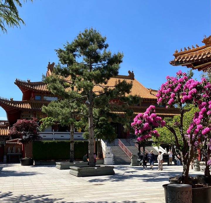 Images of a traditional Chinese temple complex built in Richmond, British Columbia, showing various buildings with curved tiled roofs, wide tree-lined squares and golden statues in temple buildings.