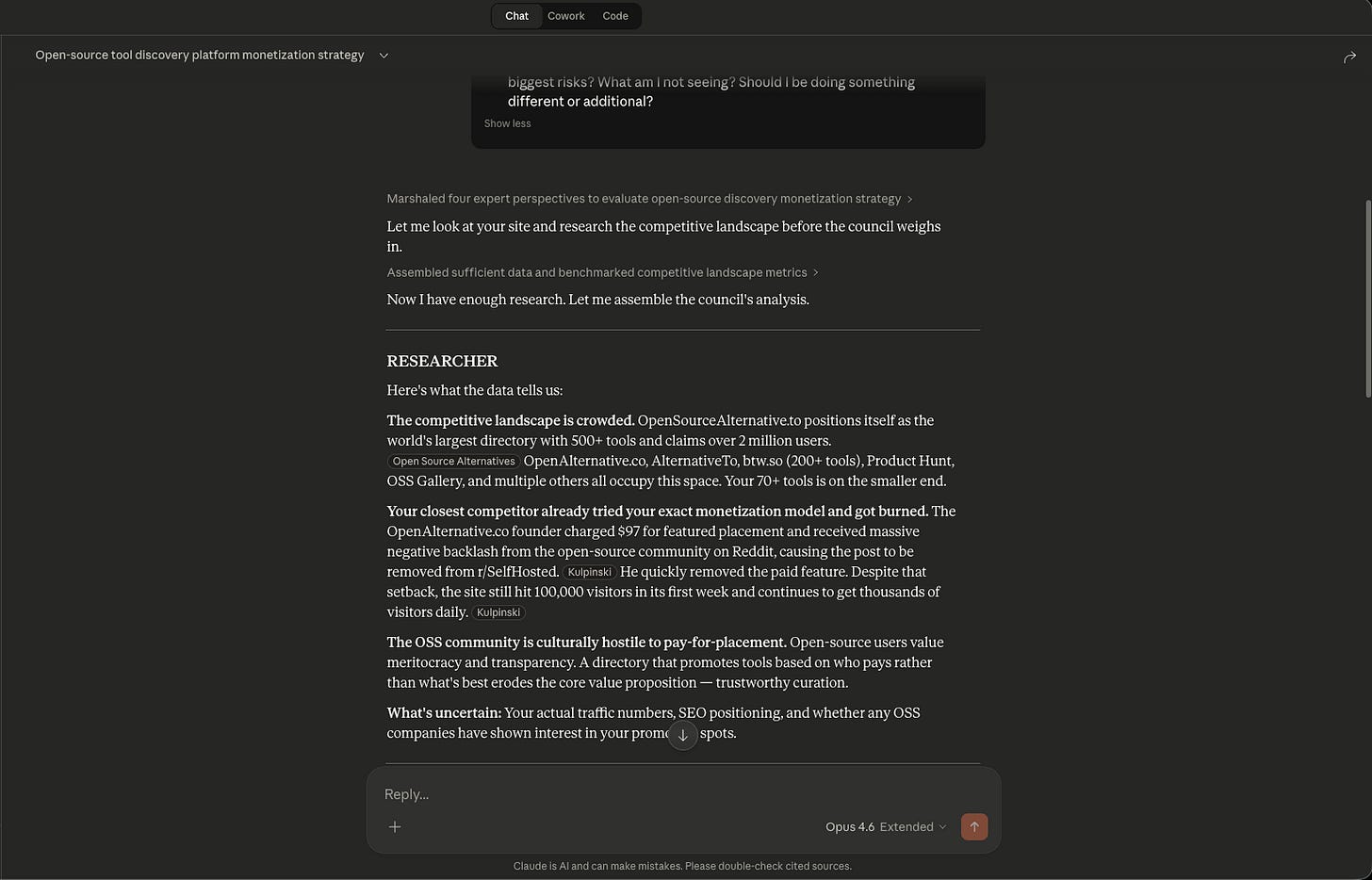 Claude AI screenshot showing the Researcher agent analyzing competitive landscape for an open-source tool directory, demonstrating the multi-agent council prompt pattern with four expert perspectives evaluating a real business strategy
