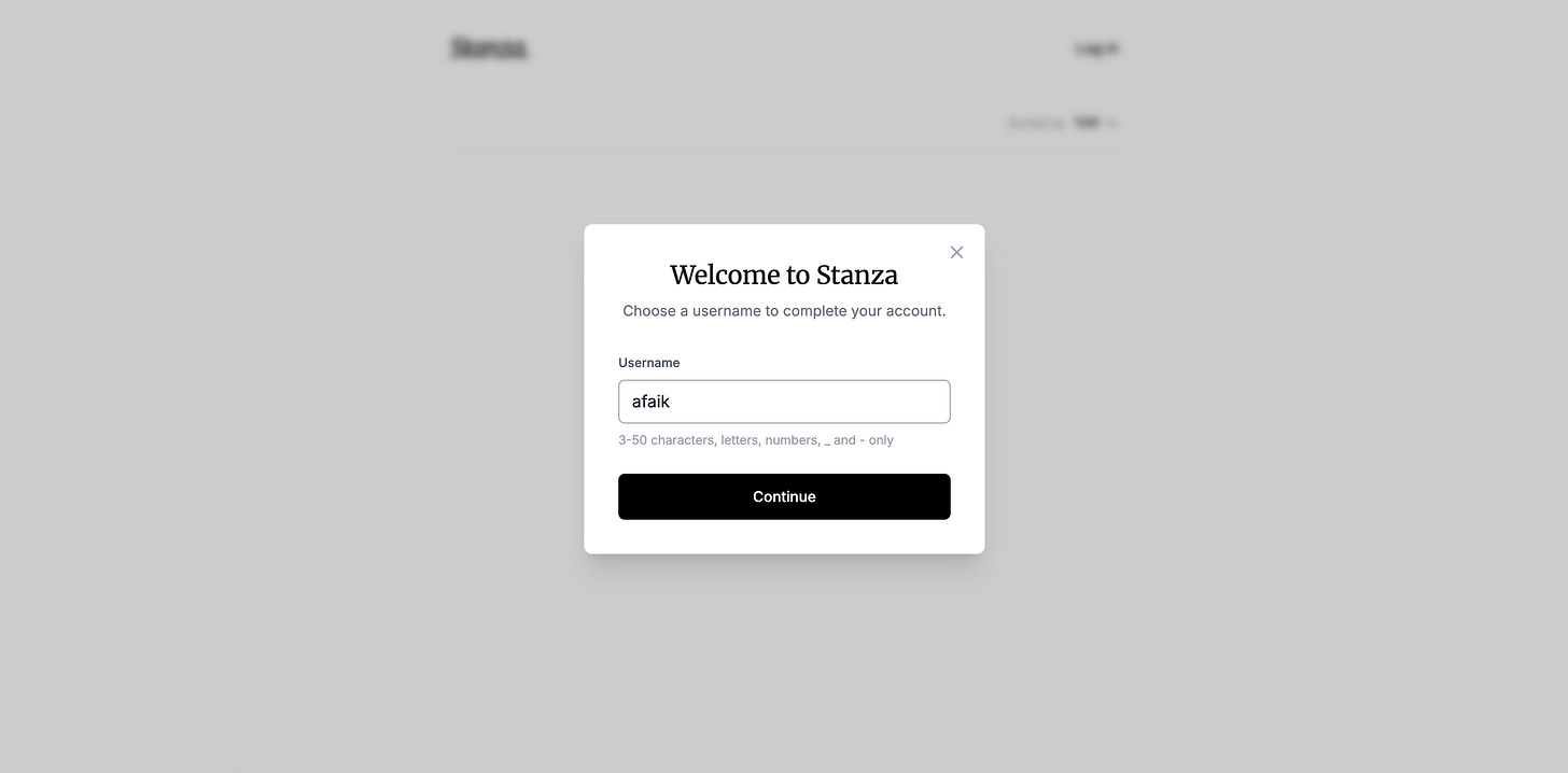 A popup window displays a text input field for choosing a username and a black continue button. A popup window displays a text input field for choosing a username and a black continue button.