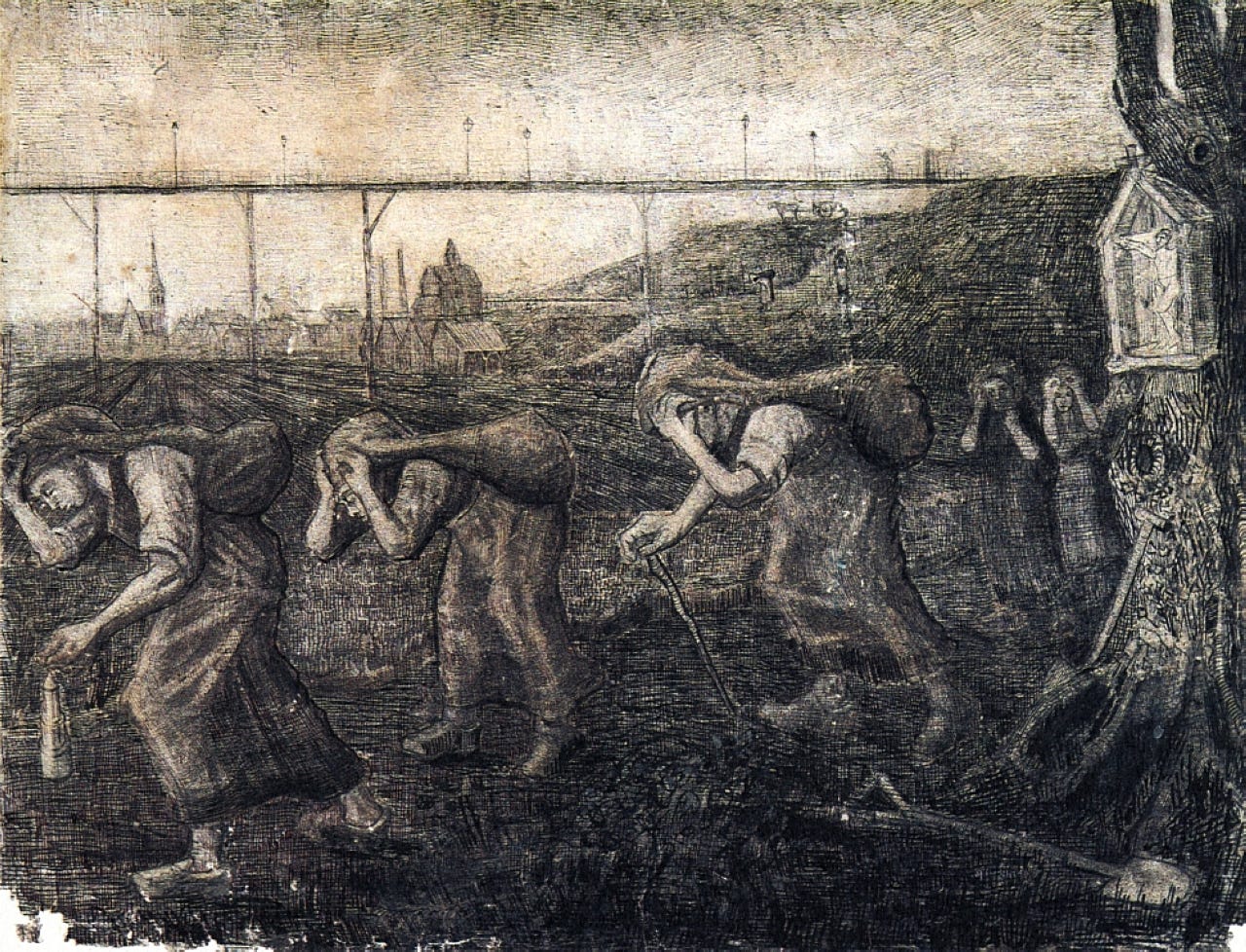 Drawing of women carrying heavy sacks of coal along a path