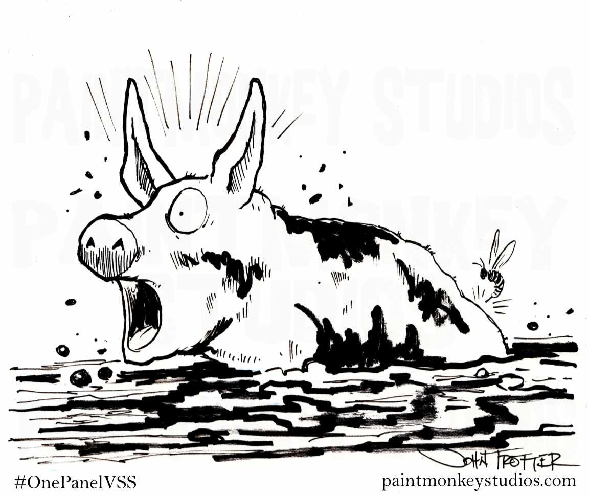 Ink drawing of a wasp stinging a pig half submerged in mud.