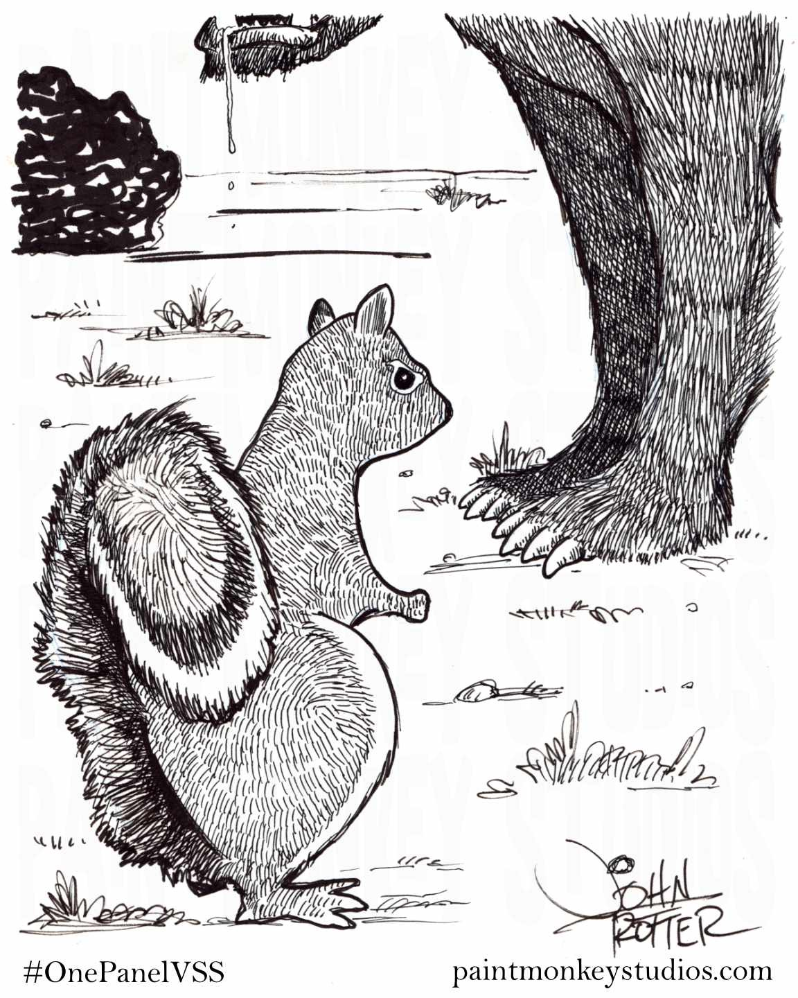 Ink drawing of a squirrel squaring off with what might be a bear.