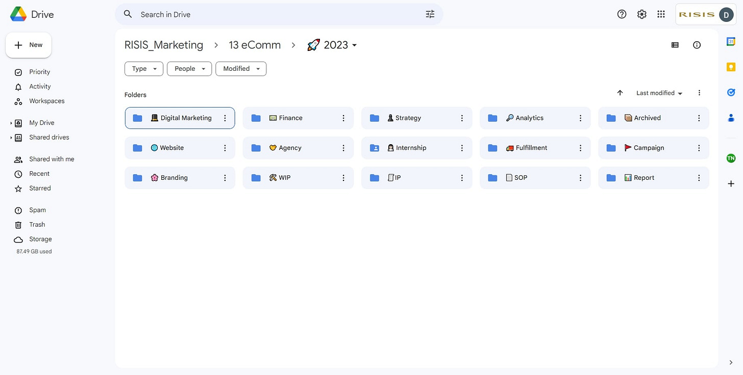 Screenshot of Google Drive at work.