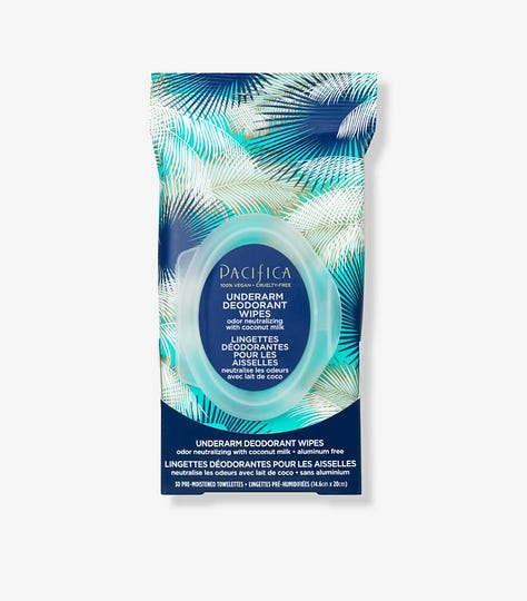 Three images, one of a woman in a navy blue dress, deodorant wipes, and a leather backpack