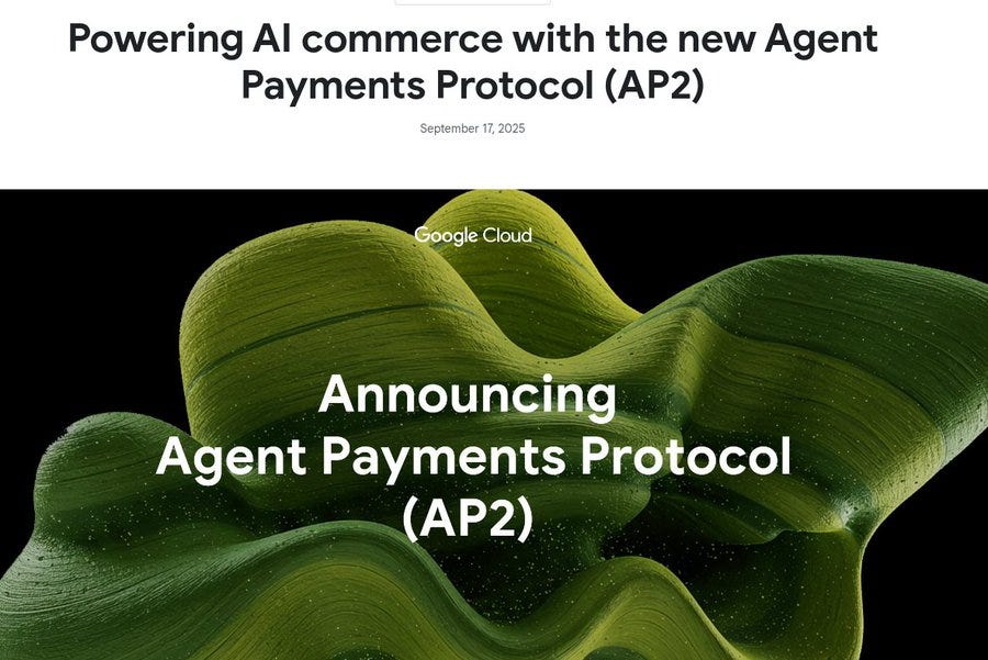 A green and black abstract background with flowing green shapes. Text overlay reads "Powering AI commerce with the new Agent Payments Protocol (AP2)" and "Announcing Agent Payments Protocol (AP2)". The Google Cloud logo is visible.