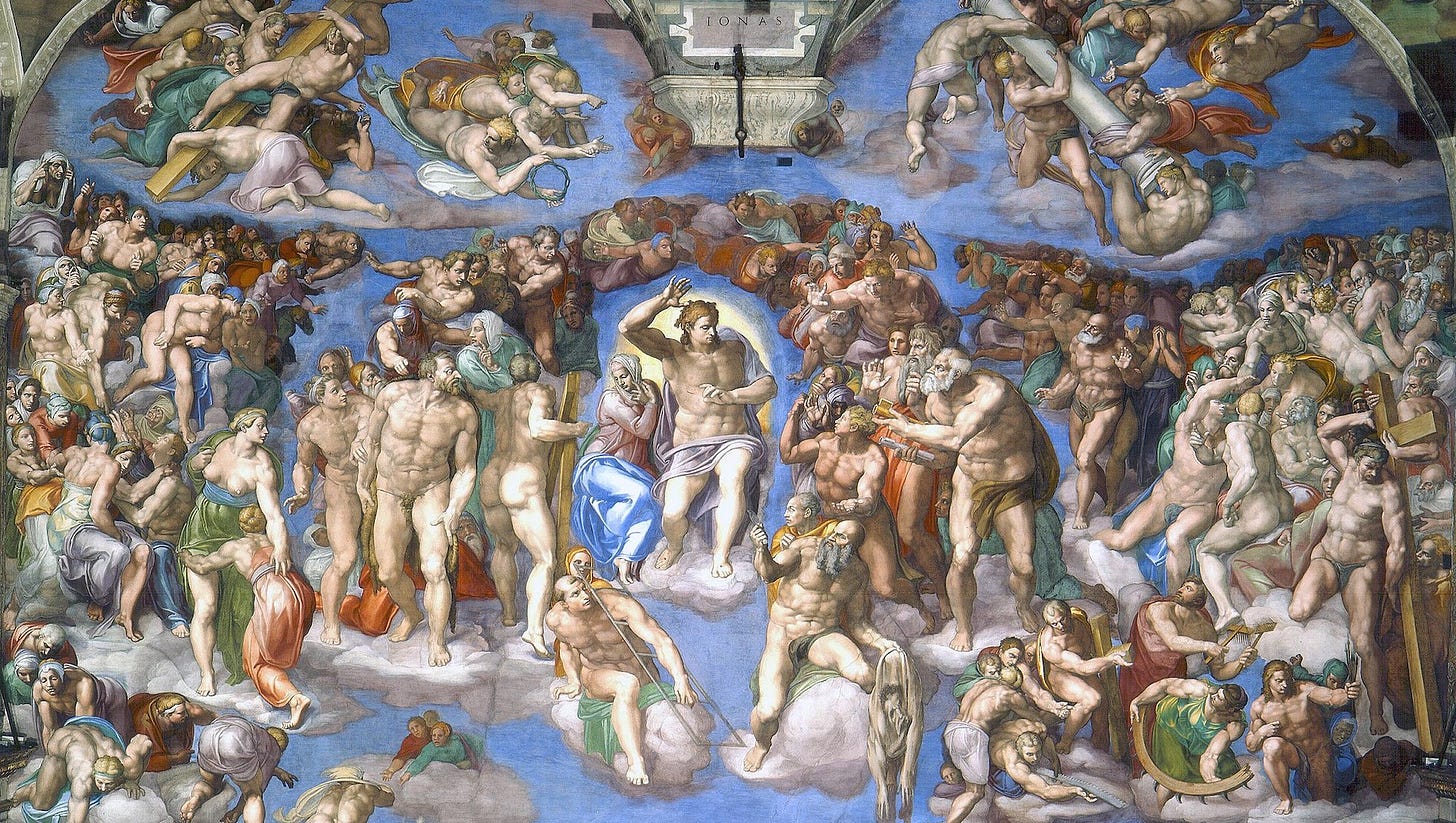 A host of Christian saints centered around the figures of Jesus Christ and the Virgin Mary set against the background of a dark blue sky.