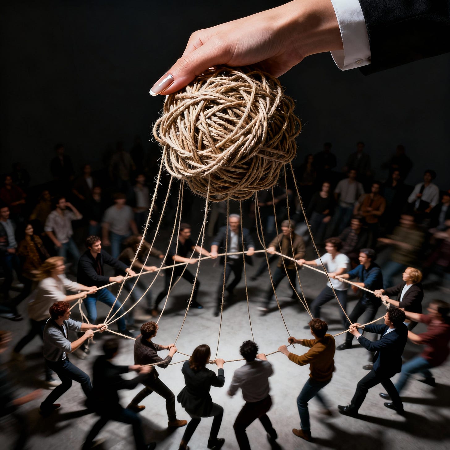 A single well-manicured hand controlling a chaotic crowd with tangled puppet strings.