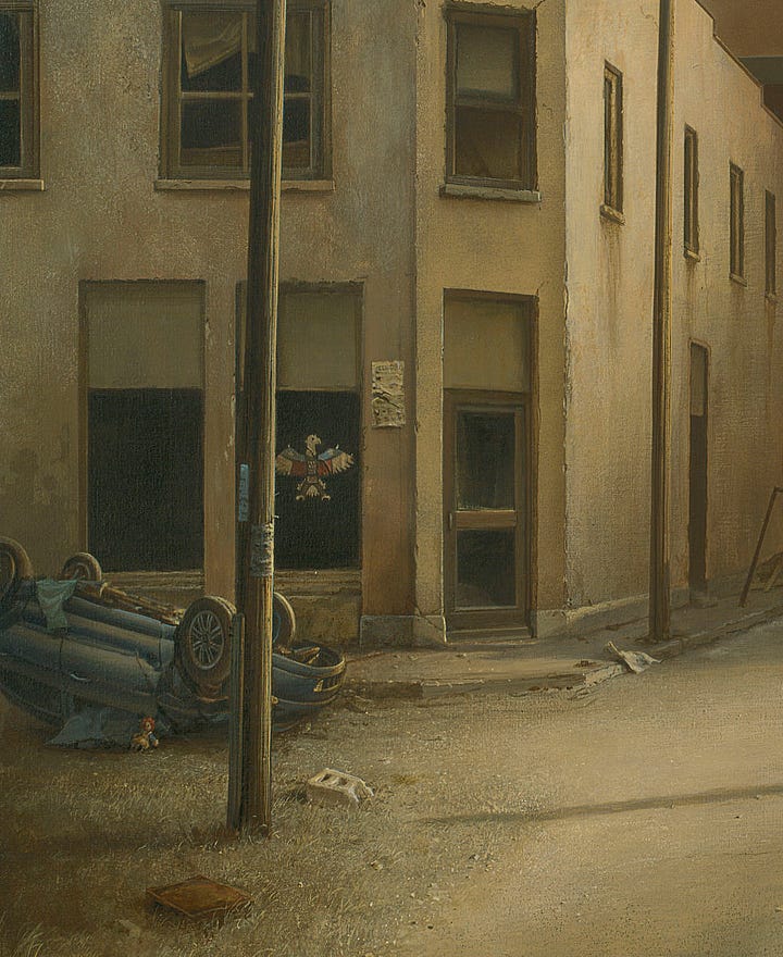 LEFT: Detail from HARBINGER featuring a traffic light papered over with a giant wasp nest set against a billow dust storm as it rolls down mainstream toward the viewer. RIGHT: Background detail from HARBINGER featuring an overturned car wreck. Fabric spills out the window and a colorful rag doll rests on the ground. The window of the corner shop proudly displays an eagle with red white and blue wings spread wide. A tattered flyer posted on the wall is unreadable.